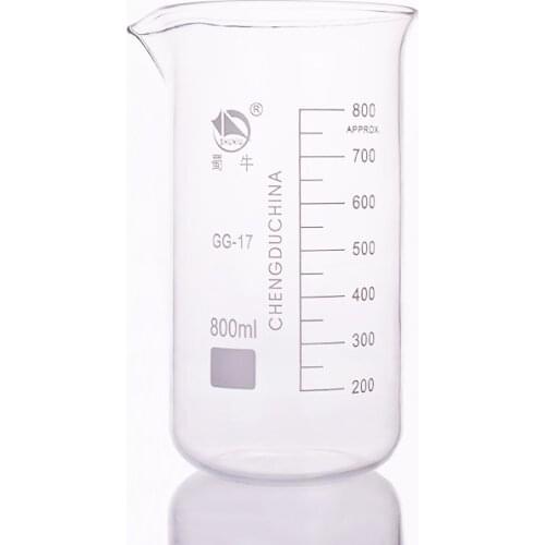 Beaker in tall form,Capacity 800ml,Outer diameter=90mm,Height=182mm,Laboratory beaker
