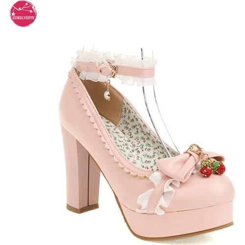 Lolita Shoes Spike High Heels Platform Women Pumps Bow Shoes Cosplay Dress Wedding Party Mary Jane Replaceable Strawberry Pearl