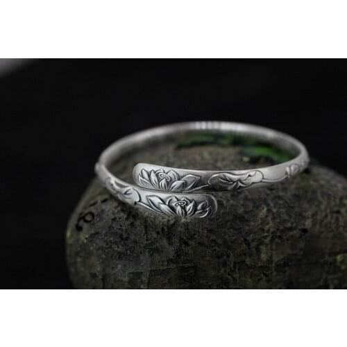 KJJEAXCMY Boutique jewelry S999 Sterling Silver Jewelry Wholesale Fashion Ms. Lotus Lotus Leaf Open Bangle