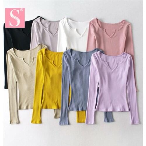 STVY 2020 Autumn Women Tee Shirt Solid Ribbed Female T-shirt Small V-neck Long Sleeve Casual Slim Tops 8 Colors