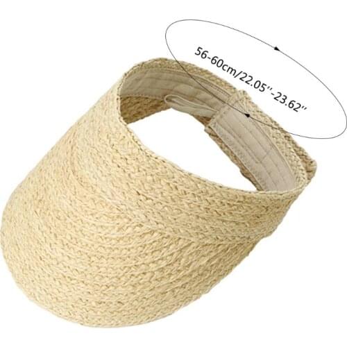 Ladies Summer Handmade Woven Raffia Straw Sun Visor Hat Empty Top Wide Brim UV Protection Adjustable Foldable Peaked Beach Cap