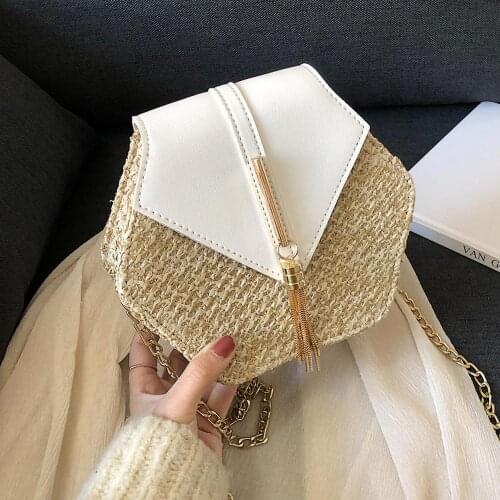 Summer Straw Bags For Women 2021 Hex-Shape Straw+PU Shoulder Bag Tassel Rattan Beach Bohemian Crossbody Female Travel Chain Bag