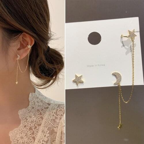 2021 New Trendy High-class Women Earring Asymmetrical Star Moon Chain Ear Cuff Stud Earrings Jewelry For Women Gifts Accessories