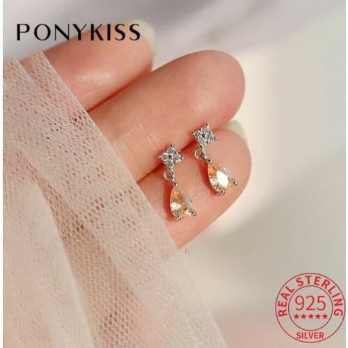 PONYKISS Trendy 925 Sterling Silver Water Drop Orange Zircon 14K Gold Stud Earrings For Women Cute Fine Jewlry Drop Shipping