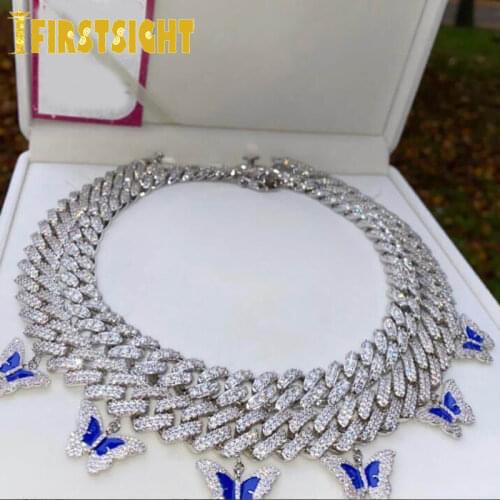 2020 New Blue Enamel CZ Butterfly Necklace 15mm Iced Out Bling CZ Miami Cuban Link Chain Butterfly Choker Hip hop Women Jewelry