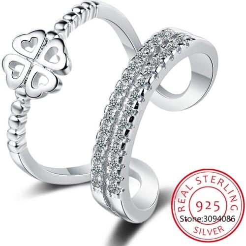 Bohemian Vintage 925 Sterling Silver Zircon Layer Chain Clover Rings for Women Wedding Jewelry Adjustable Rings Anillos 2021