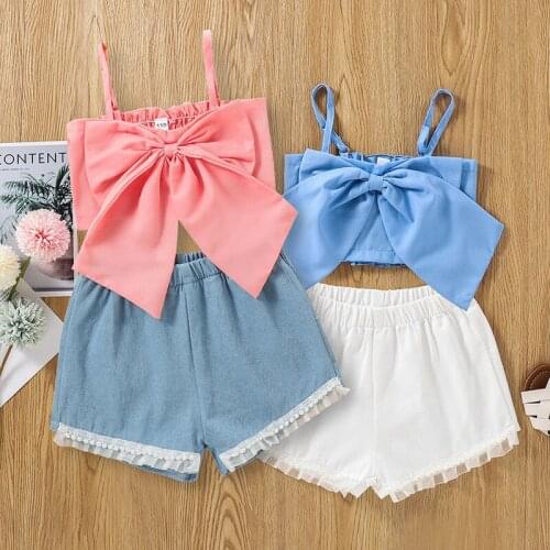 Summer Toddler Fashion Casual Newborn Clothes Baby Girl Cute Big Bow Vest Top Girls Denim Shorts Solid Color 2pcs Set