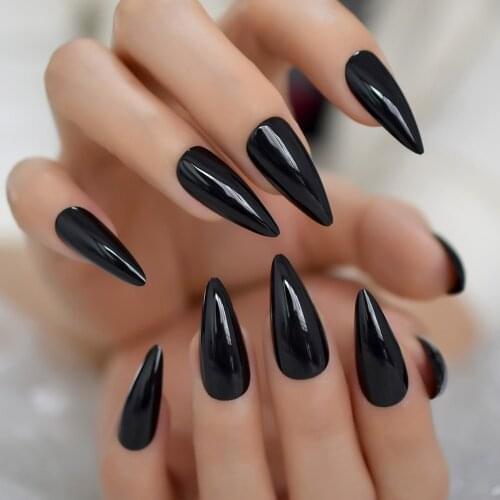 Black Long Point Stiletto False Nail Tips Acrylic Salon Full Cover Nails Artificial Fake Nails Press On Nails With Glue Sticker