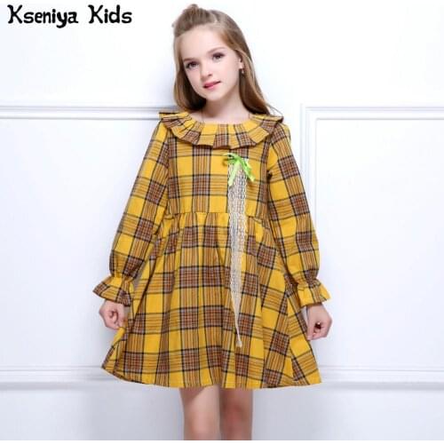 Kseniya Kids 2017 Orange Girl Autumn Winter Dress Baby Girls Long Sleeve Dresses Outerwears O-neck England Style Plaid Clothes