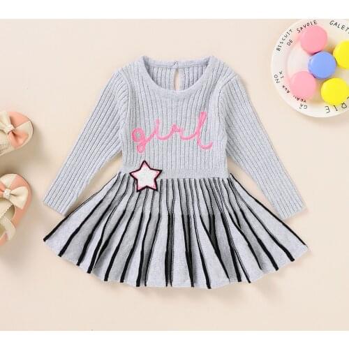 Autumn Fall Kids Knitted Dress Letter Embroidery A-line Princess Dress Girls Dresses 0-18 Months