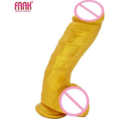 FAAK 2020 new arrival golden color huge realistic dildo with suction cup silicone fake penis sex toys for women anal massage