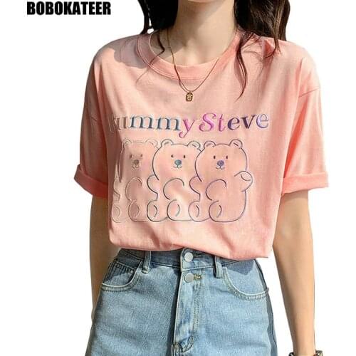 Short Sleeve T Shirt Women Kawaii Clothes Summer Pink Tops Female Tshirts White Loose Embroidered Tee Shirt Korean Fahsion 2021