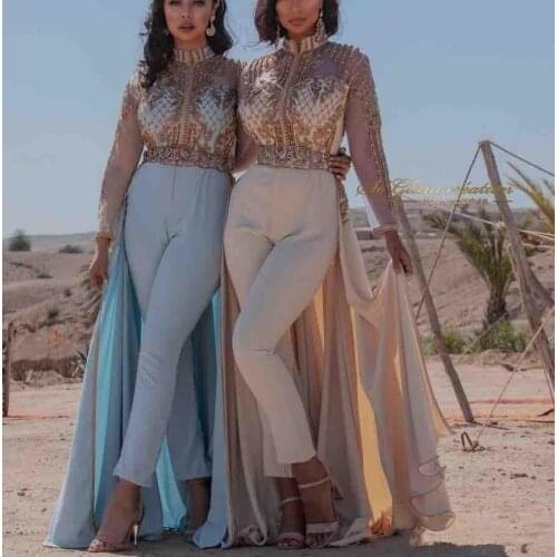 2020 Jumpsuits Prom Dresses With Detachable Train High Neck Long Sleeve Dubai Arabic Evening Dress Formal Party Wear