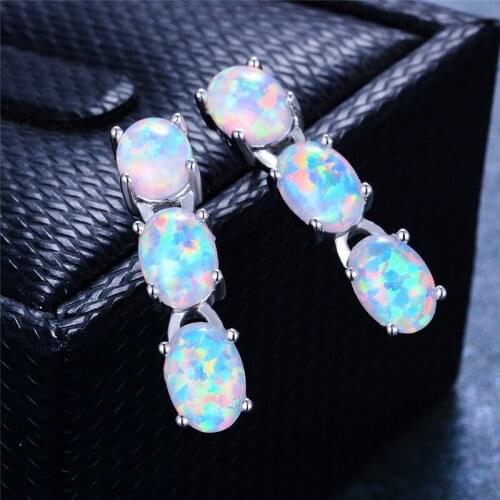 Cute Female Oval Stud Earrings Vintage silver color Double Earrings For Women Boho White Green Blue Fire Opal Earrings