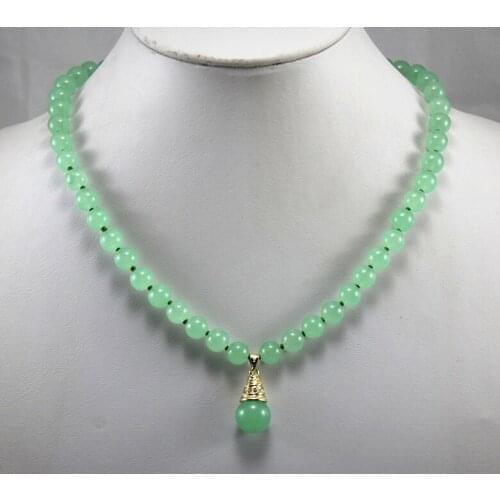Wholesale/retail 8mm light green jades necklace +12 mm gp pendant