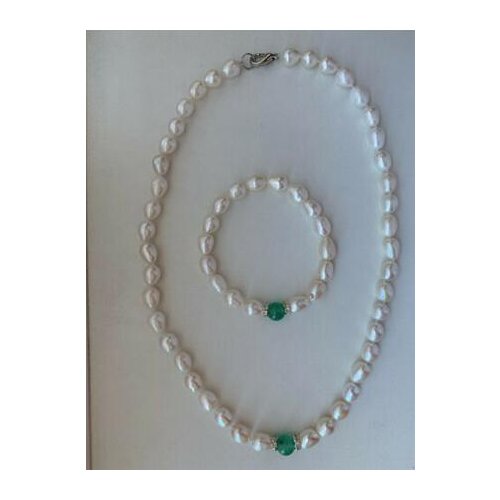 7-8mm Natural white fresh water pearl necklace and bracelet set with jade coloured