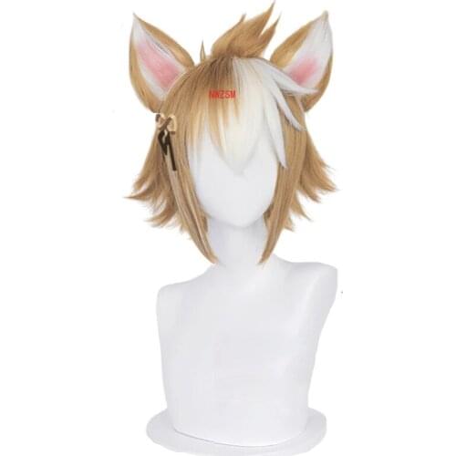 Gorou Cosplay Wig Game Genshin Impact Gorou Short Brown White Wig with Ears Synthetic Hair Heat Resistant Halloween Role Play
