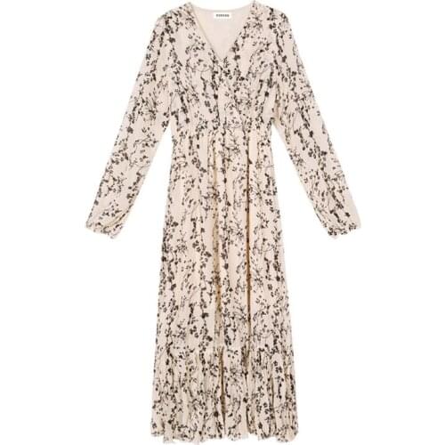 PERHAPS U Women V Neck Midi Dress Long Sleeve Floral Print Black Khaki White D1285