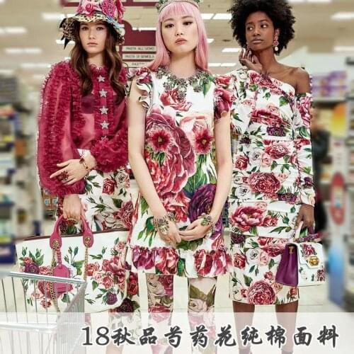 2018 early autumn new peony printed floral cotton silk material made of pure cotton fabric high-grade silk dress DIY