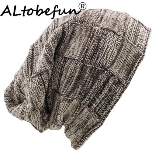 ALTOBEFUN Brand Plaid Design Women Baggy Knitted Skullies Bonnet Warm Hats For Girl Beanie Men Faux Fur Winter Hat Caps BHT077