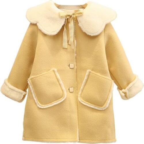 Girls mink woollen coat childrens long lapel imitation leather padded jacket