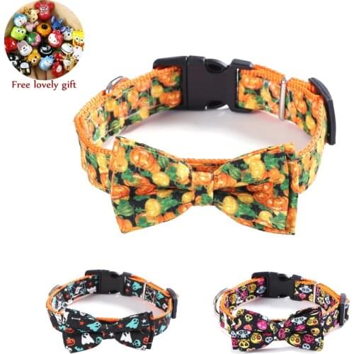 Halloween Dog Collar with Pumpkin Ghost Patterns Adjustable Bow Tie Collars for Dogs Dog Supplies Bulldog Cane Collar De Perro