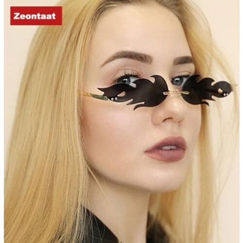 Fashion Rimless Cat Eye Sunglasses Women Retro Flame Fire Decoration Mirror Ocean Lens Eyewear Men Sun Glasses Shades UV400