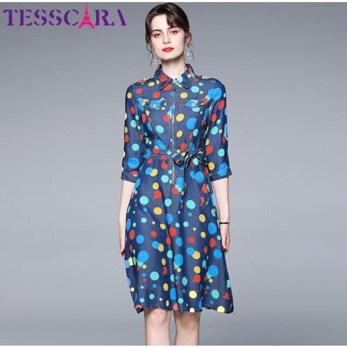 TESSCARA Women Autumn Elegant Denim Dress Shirt High Quality Vintage Party Robe Femme Runway Dot Designer Spring Casual Vestidos