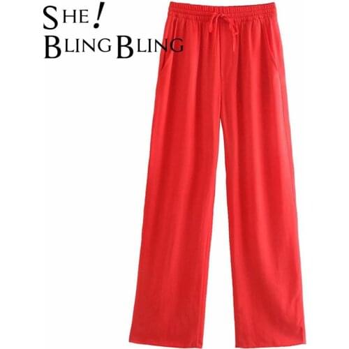 SheBlingBling Thin Summer Women Casual Trousers Fashion Drawstring Detail Elastic High Waist Straight Pants Female Bottoms Red