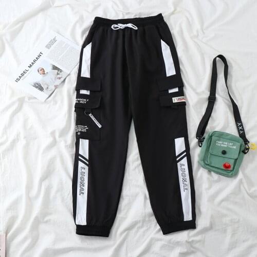 Streetwear Women Cargo Pants Casual Black High Waist Loose Female Trousers Harajuku Korean Ribbon Ladies Pants Joggers
