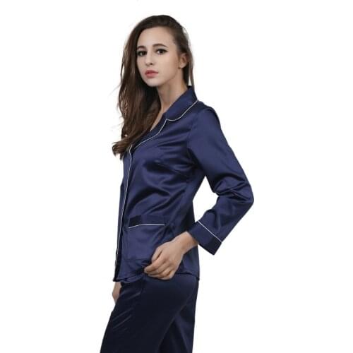 High Grade Satin Women Pajama Sets Notch Collar Long Sleeves Top with Full-Length Pant Pajamas Pyjama Femme Sleepwear for Women