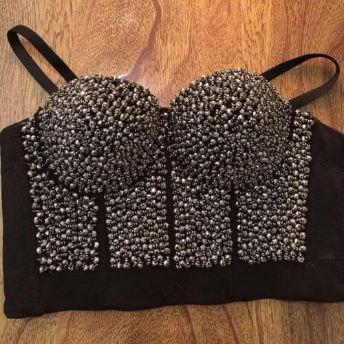 High quality Hand-made Pearls Jewel Diamond beading Womens Bustier Bra Cropped Top Vest Plus Size w1169 free shipping