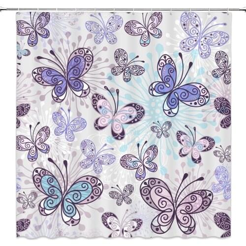 Butterfly Floral Shower Curtains Retro Beautiful Insect Pattern Bathroom Decor Waterproof Polyester Fabric Curtain Set Cheap
