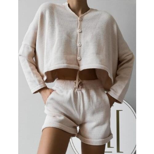 Women Mercerized Cotton Two Piece Sets Button V Neck Long Sleeve T-shirts And Drawstring Short Suits Casual Solid Female Outfits