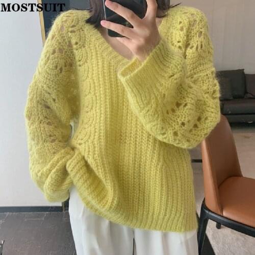 Woman Sweaters Autumn Winter 2021 Korean Pullovers Long Sleeve V Neck Hollow Out Knitted Tops Casual Loose Female Jumpers