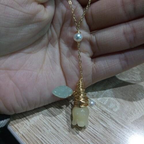 925 Sterling Silver 14K Roll Gold Jewelry Freshwater Pearl & Jade Necklace Pendant For Women Party Gift