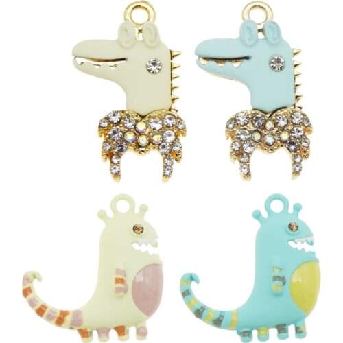 Julie Wang 2PCS Enamel Dinosaur Charms Rhinestone Cartoon Animal Alloy Gold Tone Necklace Bracelet Jewelry Making Accessory