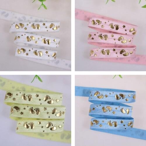 5 colors gold foil baby footprint Printed foe elastic 5/8" fold over elastic 50 yards per lot