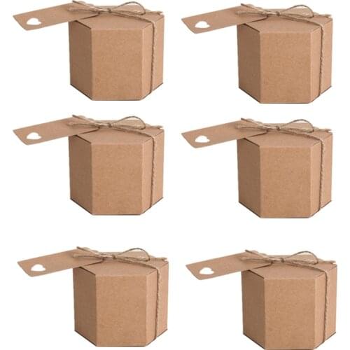50Pcs Kraft Paper Candy Box, Hexagonal Carton Candy Box Gift Box, with Twine and Tag, Wedding Party Supplies