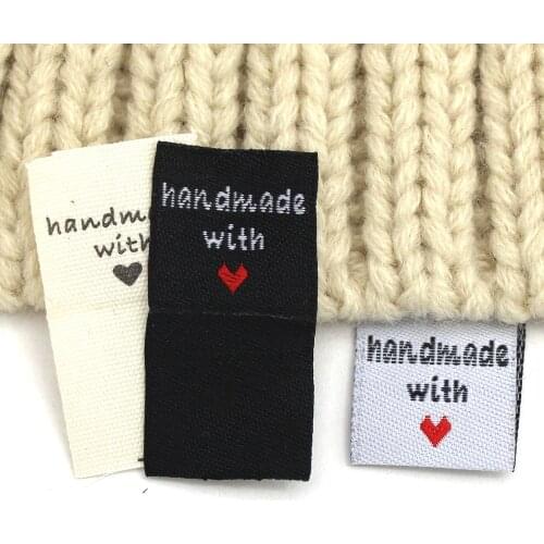 50Pcs Handmade With Love Labels For Clothes Tags Fold Fabric Labels DIY Hat/Bags White Black Beige Handmade Tag Sewing Crafts