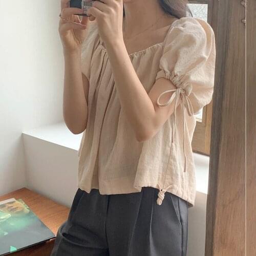 BETHQUENOY Blusas Mujer De Moda 2021 Women White Apricot Shirts Chemise Femme Vintage Blouses Folds Summer Ladies Tops 2021