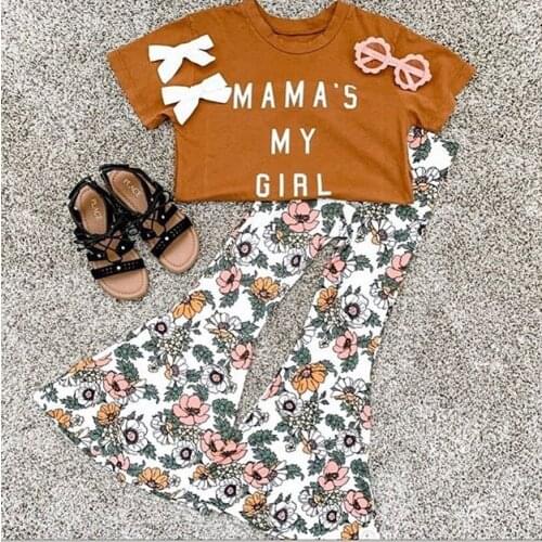 FOCUSNORM 1-6Y Summer Lovely Kids Girls Clothes Sets Letter Print Short Sleeve T Shirts Flowers Flare Pants