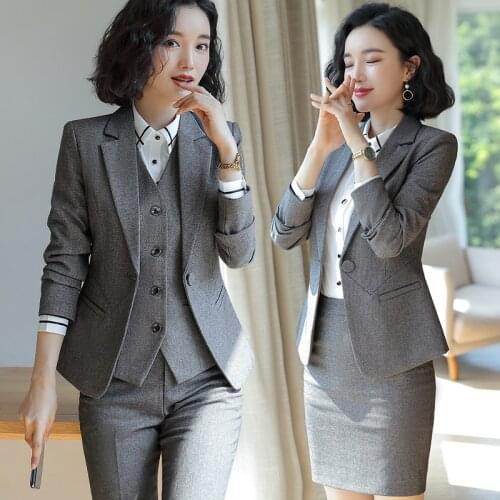IZICFLY Spring Autumn New Gray Trouser And Jacket Blazer Two Piece Set Women Work Wear Elegant Business Office Pant Suit