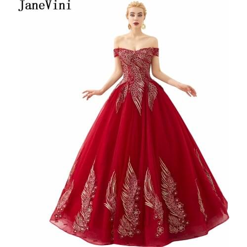 JaneVini Elegant Burgundy Long Prom Dresses 2019 Off the Shoulder Exquisite Embroidery Tulle Ball Gown Formal Women Party Gowns