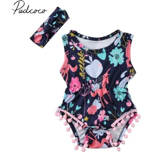 2019 Baby Summer Clothing Newborn Baby Boys Girl Flower Bodysuit Sleeveless Cartoon Animal Print Tassel Jumpsuit+Headband Outfit