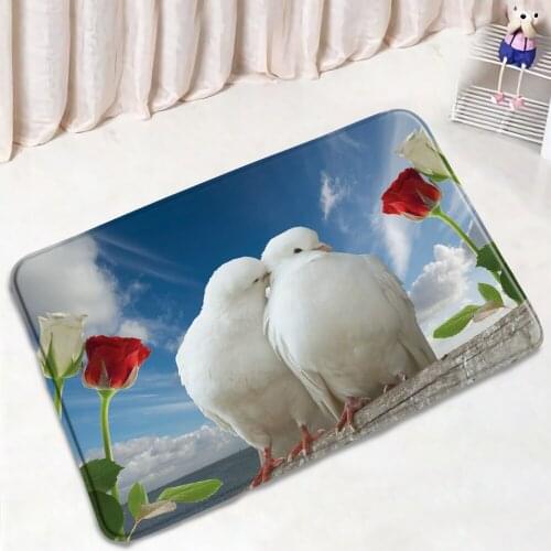 Flower And Bird Printed Bathroom Mat Red Rose Non-Slip Suede Floor Rug Home Decor Bedroom Door Mats Bath Kitchen Doorway Carpet