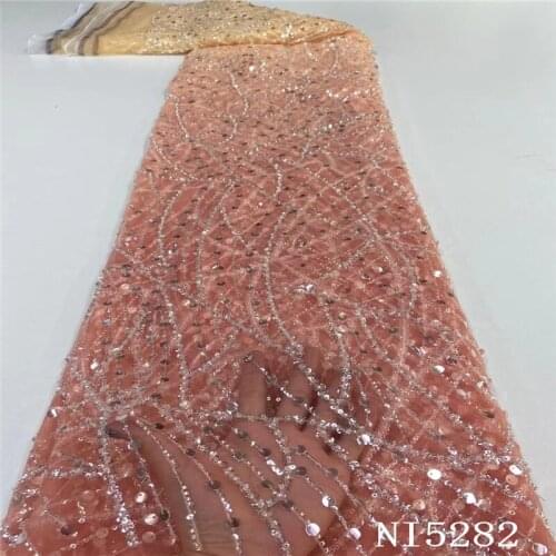 Hot Sale Peach African French Simple And Noble Design Sequined Embroidered Net Lace Fabric For Bridal Sewing NI5282-3