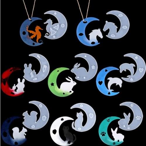 Moon Animal Silicone Resin Mold Rabbit Cat Dolphin Squirrel Hippocampus DIY Pendant Necklace Jewelry Craft Casting