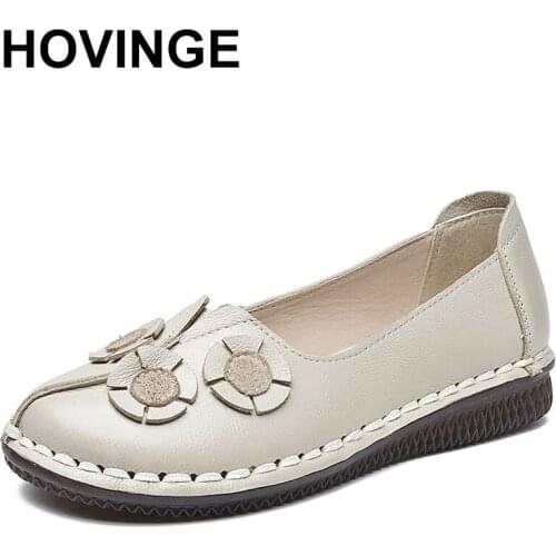 HOVINGE 2020 retro genuine leather soft flat shoes lace-up soft moccasins ladies hand sewn flower ladies moccasins retro cute