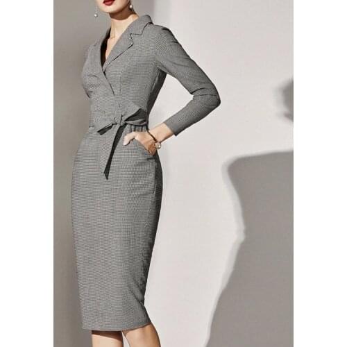 Charming Office Ladies tight dress Gray check women dress Elastic fabric Formal women dress High fashion Big size women skirt